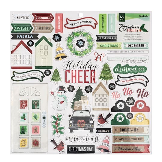 Vicki Boutin Evergreen &#x26; Holly Icons &#x26; Phrase Chipboard Stickers 